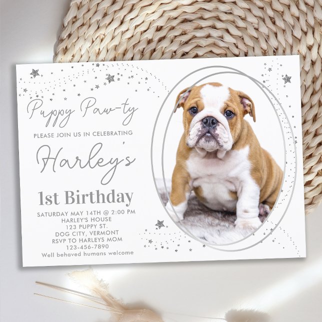 Puppy Hund Birthday Anpassningsbar Pet Photo Silve Inbjudningar (Skapare uppladdad)