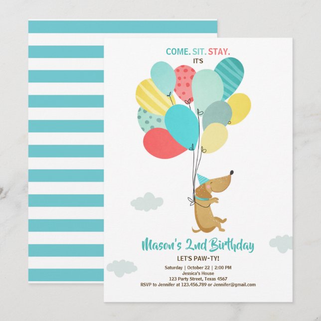 Puppy hund Birthday bjudande Balloons Boy Blue Inbjudningar (Fram/baksida)