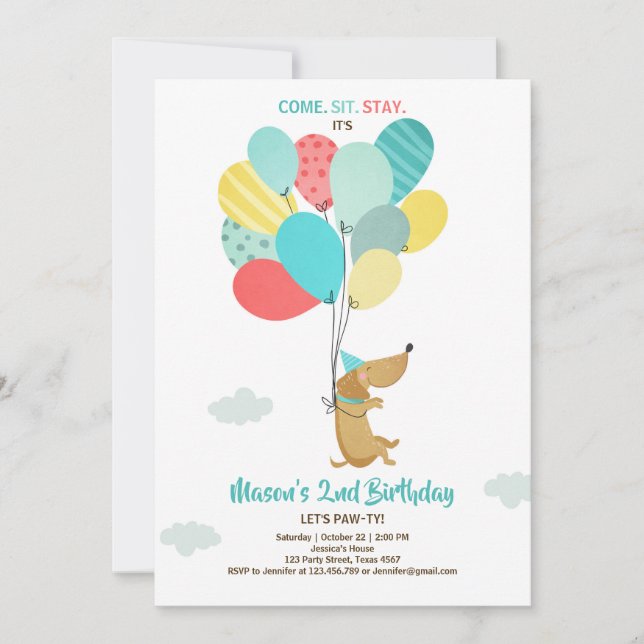 Puppy hund Birthday bjudande Balloons Boy Blue Inbjudningar (Framsida)