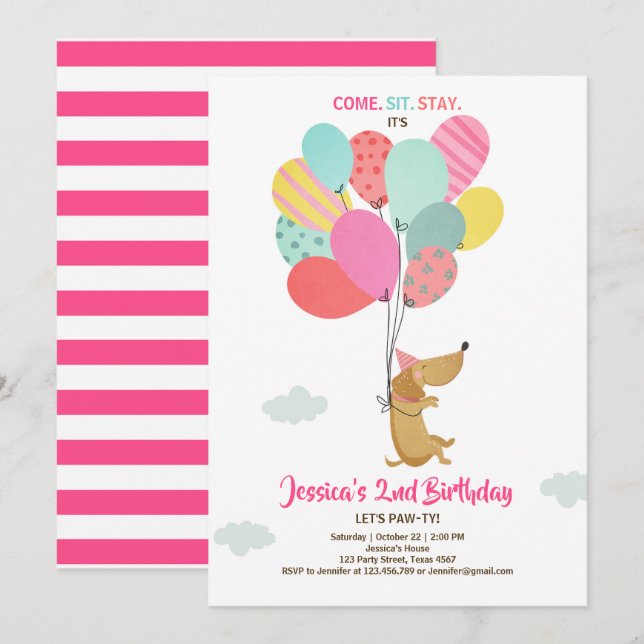 Puppy hund Birthday bjuder Balloons Girl rosa Inbjudningar (Fram/baksida)