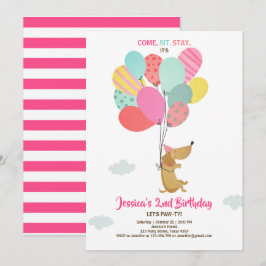 Puppy hund Birthday bjuder Balloons Girl rosa Inbjudningar