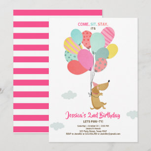 Puppy hund Birthday bjuder Balloons Girl rosa Inbjudningar