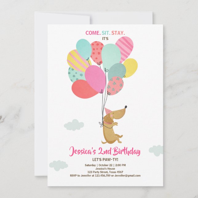 Puppy hund Birthday bjuder Balloons Girl rosa Inbjudningar (Framsida)