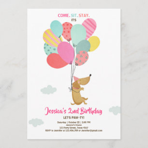 Puppy hund Birthday bjuder Balloons Girl rosa Inbjudningar