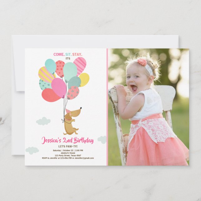 Puppy hund Birthday bjuder Balloons Girl rosa Inbjudningar (Framsida)