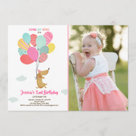 Puppy hund Birthday bjuder Balloons Girl rosa Inbjudningar