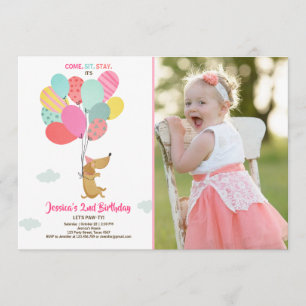 Puppy hund Birthday bjuder Balloons Girl rosa Inbjudningar