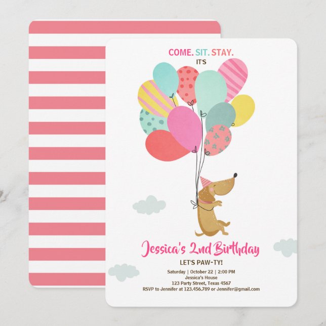 Puppy hund Birthday bjuder in Balloons Girl rosa Inbjudningar (Fram/baksida)