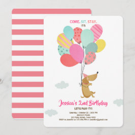 Puppy hund Birthday bjuder in Balloons Girl rosa Inbjudningar
