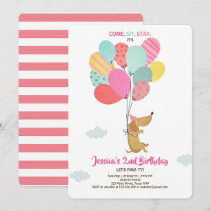 Puppy hund Birthday bjuder in Balloons Girl rosa Inbjudningar