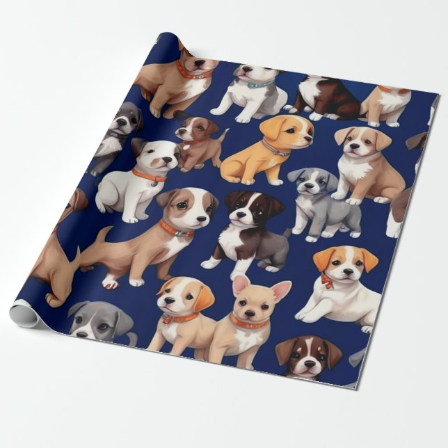 Puppy-Hund, blå Mönster-design Presentpapper (Utrullad)