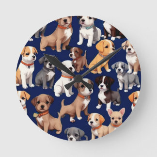 Puppy-Hund, blå Mönster-design Rund Klocka