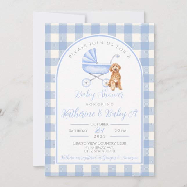Puppy Hund Boy Baby Shower Gingham-inbjudan Inbjudningar (Framsida)