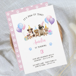 Puppy Hund Födelsedagsfest Rosa vattenfärg Inbjudningar