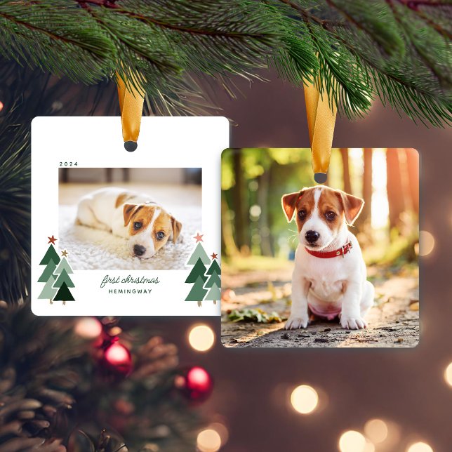 Puppy Hund första julfoto av Rustic Träd Julgransprydnad Keramik (Puppy Dog's First Christmas Rustic Trees Photo Ceramic Ornament)