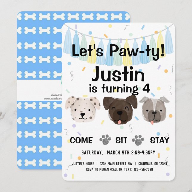 Puppy Hund Gender Neutral eller Boy Birthday Pawty Inbjudningar (Fram/baksida)