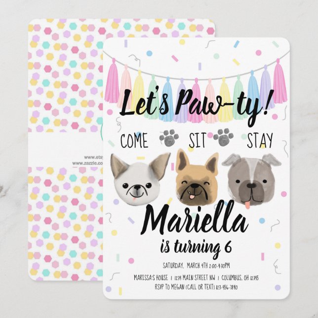 Puppy Hund Girl Birthday Pawty Inbjudningar (Fram/baksida)