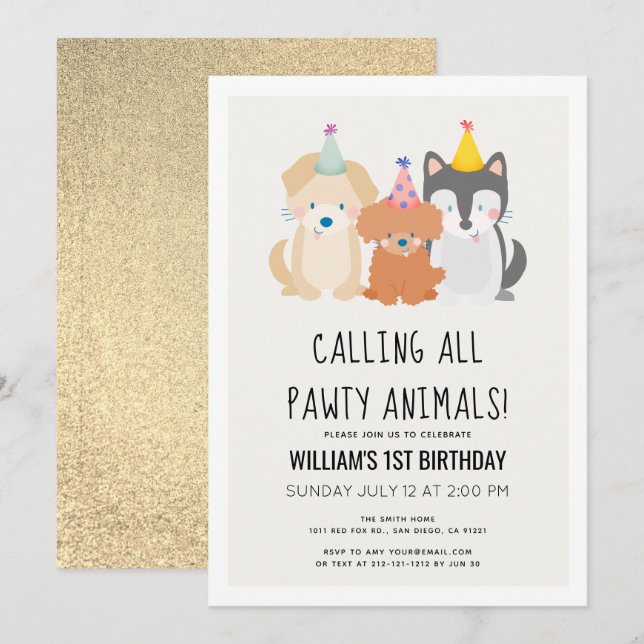 Puppy Hund Glitter Pawty Animals födelsedag Inbjudningar (Fram/baksida)