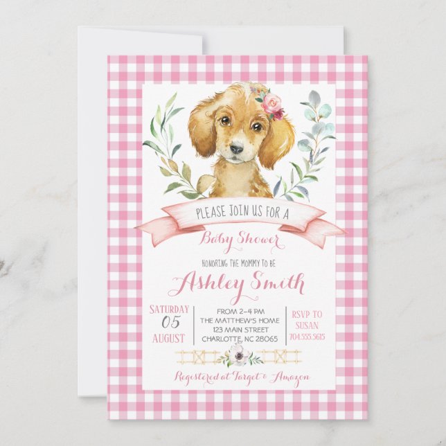 Puppy hund, inbjudan till rosa för babydusch (Framsida)