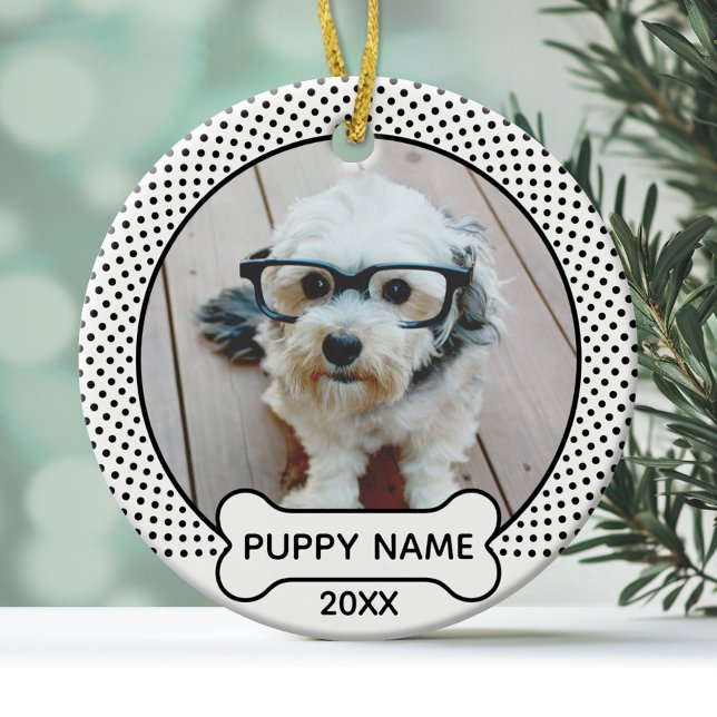 Puppy Hund jul Photo Polka Dot Black White Julgransprydnad Keramik (A cute pet photo ornament with a dog bone text area)