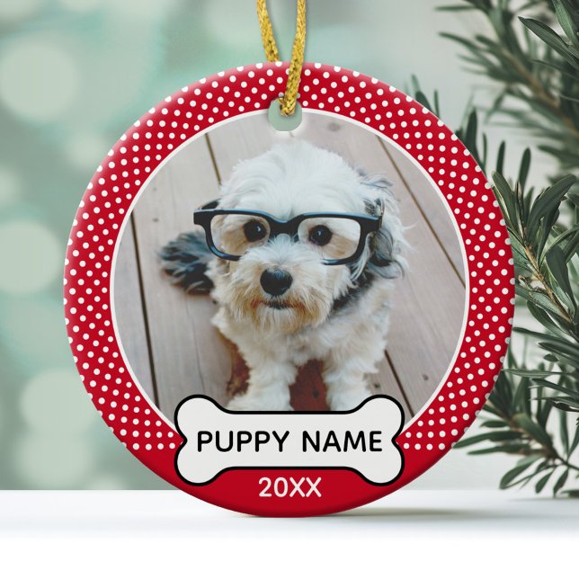 Puppy Hund jul Photo Polka Dot Red White Julgransprydnad Keramik (A cute pet photo ornament with a dog bone text area)