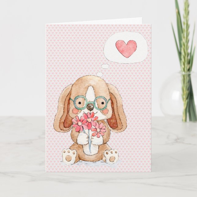 Puppy Hund med blommor tänker på dig Kort (Framsida)