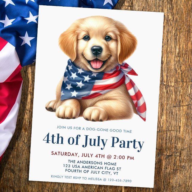 Puppy Hund Patriotic Golden Retriever 4 juli Inbjudningar (Skapare uppladdad)