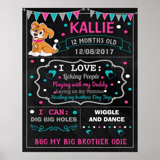 Puppy Hund Pet Birthday chalkboard-skylt Poster (Framsidan)