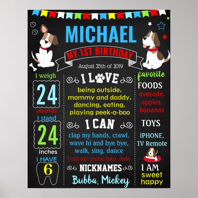 Puppy Hund Pet First Birthday chalkboard-tecken Poster (Framsidan)