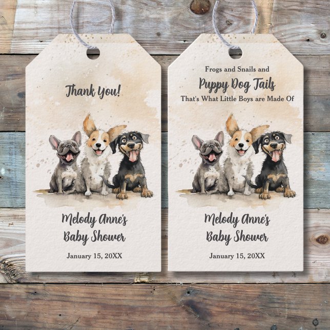 Puppy Hund Pojke Baby Shower Presentetikett (Puppy Dog Tails Baby Boy Baby Shower Favor Tag with Watercolor Puppies, Shower Details.)