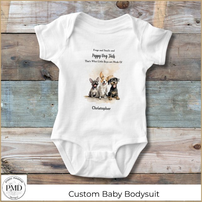 Puppy Hund Rhyme Pojke Personlig T Shirt (Puppy Dog Tails Nursery Rhyme Baby Boy Personalized Bodysuit with Watercolor Puppies, Boy's Name.)
