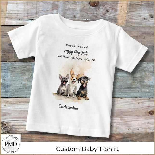 Puppy Hund Rhyme Pojke Personlig T Shirt (Puppy Dog Tails Nursery Rhyme Baby Boy Personalized T-Shirt, Frogs, Snails, Puppy Dog Tails.)