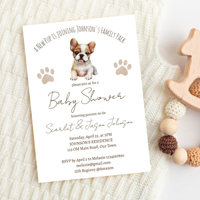 Puppy hund Teman för babyduschmall Inbjudningar (Puppy dog themed baby shower editable template invitation digital download cute French Bulldog brown)