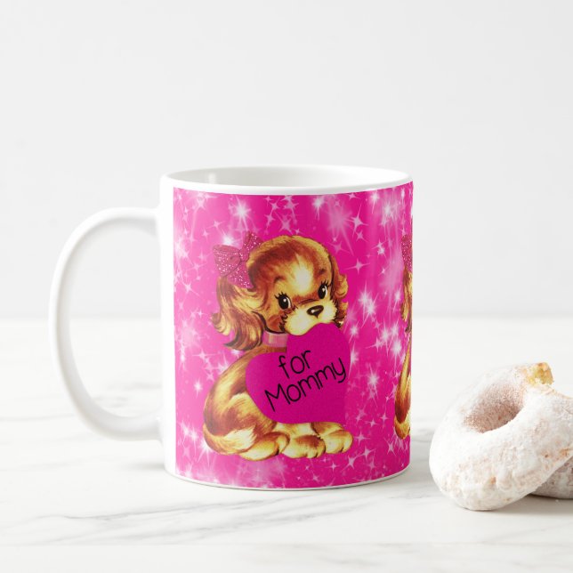 Puppy Hund Valentine for Mamma Fuschia Stars Kaffemugg (Med munk)