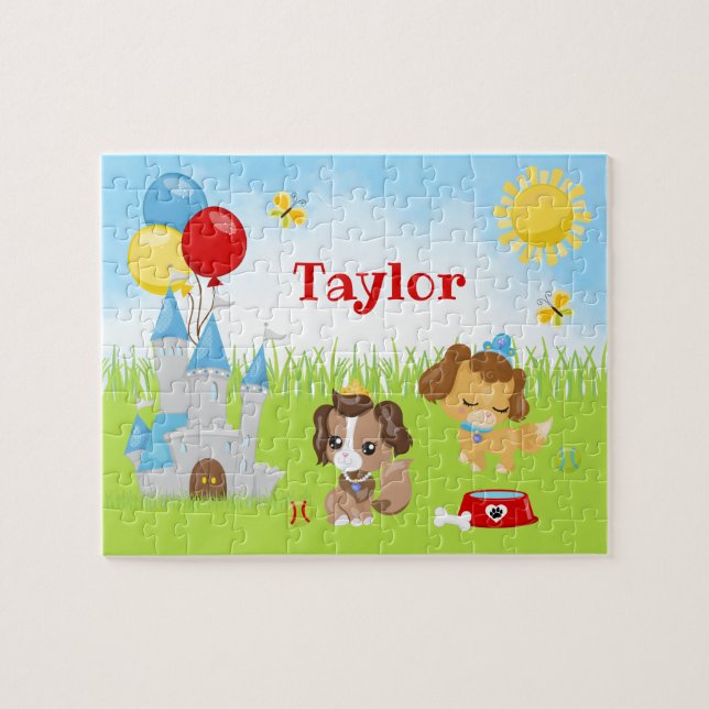 Puppy Hundar Castle Blue och Red Jigszle Puzzle Pussel (Horisontell)