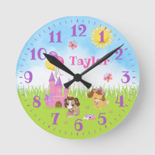 Puppy Hundar Castle Rosa and Lila Round Clock Rund Klocka