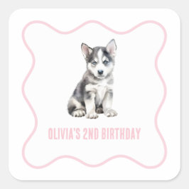 Puppy husky preppy pink plaid birthday fyrkantigt klistermärke