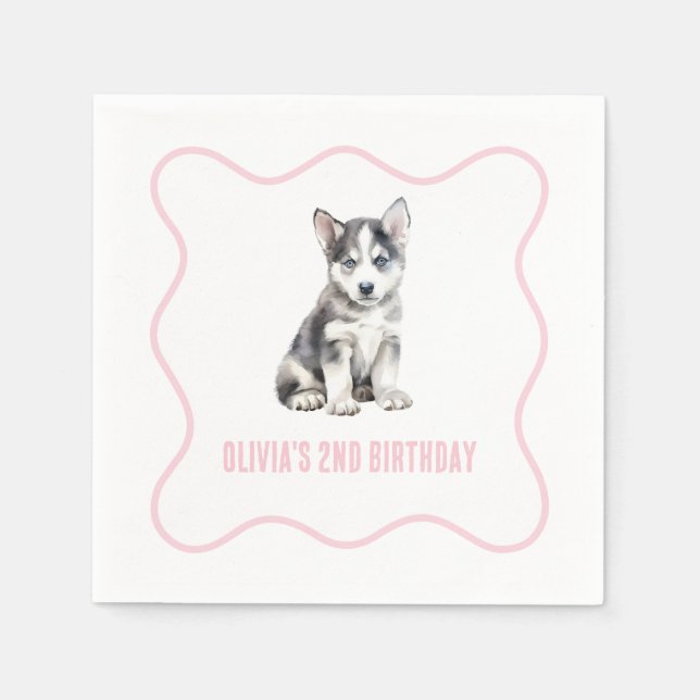 Puppy husky preppy pink plaid birthday pappersservett (Framsidan)