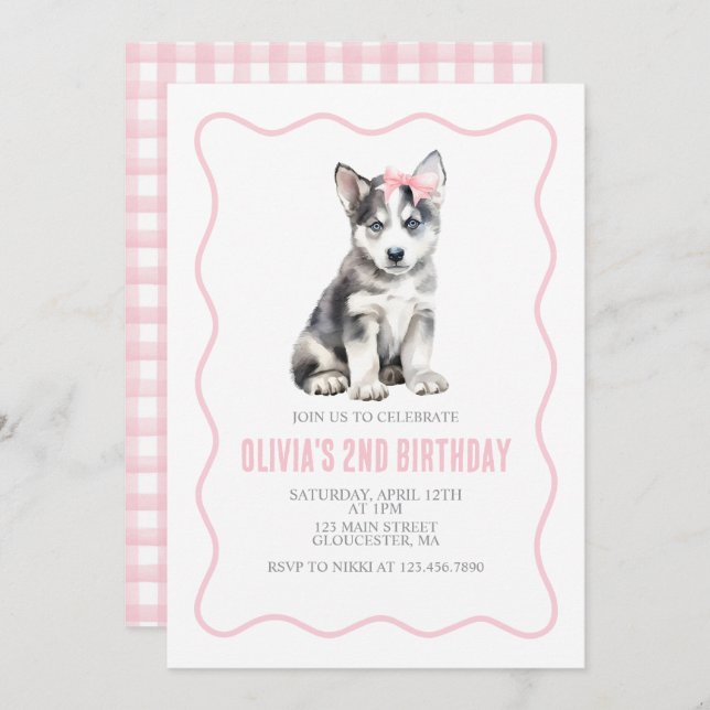 Puppy husky preppy plaid birthday invitation inbjudningar (Fram/baksida)