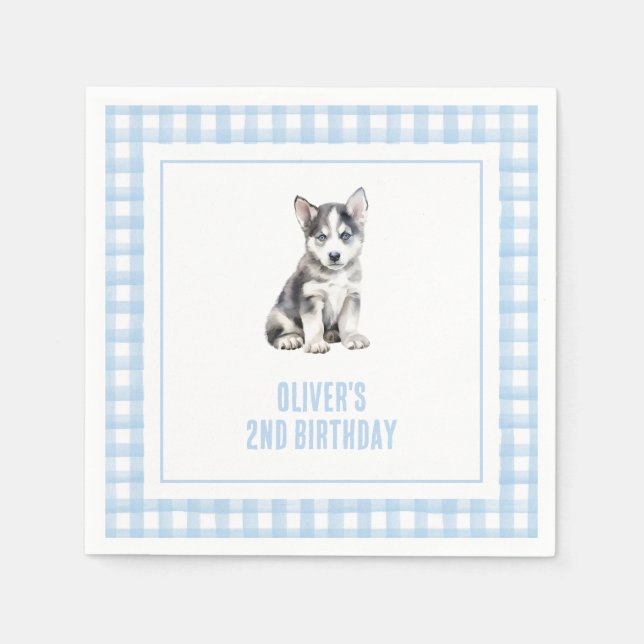 Puppy husky preppy plaid birthday pappersservett (Framsidan)