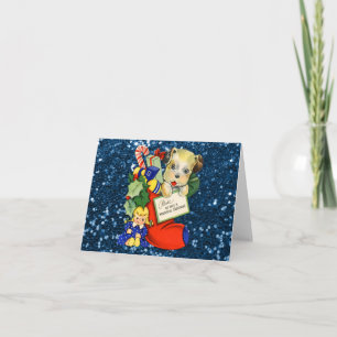 Puppy i julklapp Blue Faux Glitter Helgkort