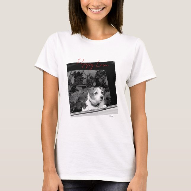 Puppy Kärlek Black & White-fotot för Hund T Shirt (Framsida)