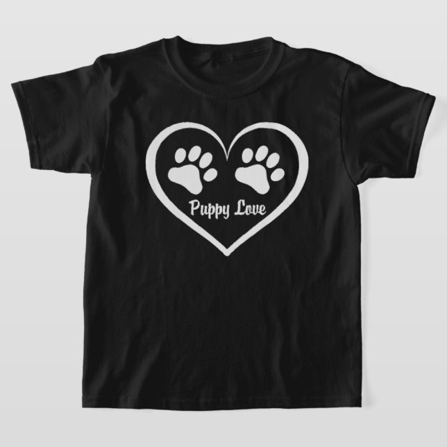 Puppy Kärlek hjärta med tass avtryck på mörk T Shirt (Laydown)
