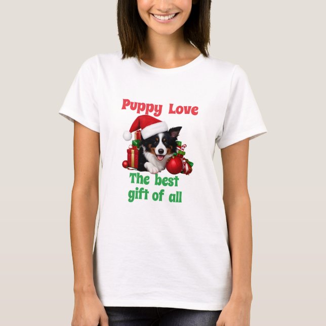 Puppy Kärlek Jul Adworthy Hund T Shirt (Framsida)