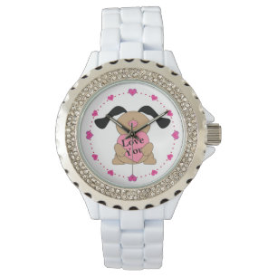 Puppy Kärlek Kvinnor i Rhinestone White Enamel Wat Armbandsur
