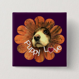 Puppy Kärlek Peeking ut ur en blomma Knapp