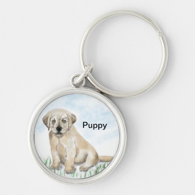 Puppy Keychain Rund Silverfärgad Nyckelring (Framsidan)