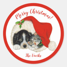 Puppy & Kitten God jul Round Stickers