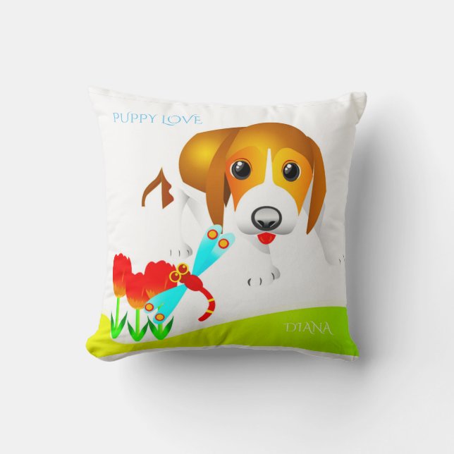 Puppy-kudden "Puppy kärlek" med personlig namn. Kudde (Framsida)
