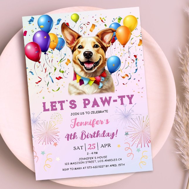 Puppy låter Pawty Födelsedagsfest Girl 4e födelsed Inbjudningar (Skapare uppladdad)